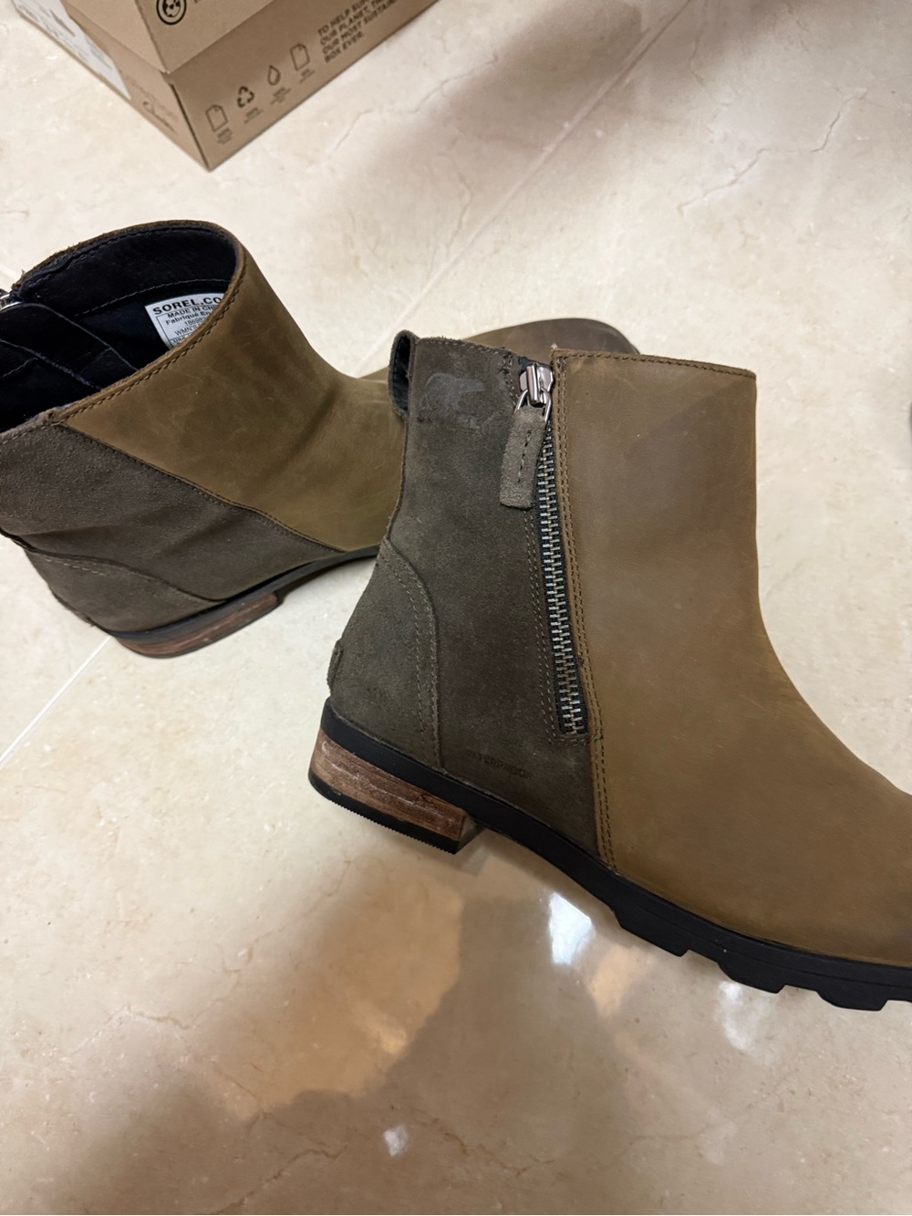 Sorel Two-Tone Olive Suede & Leather Ankle Booties